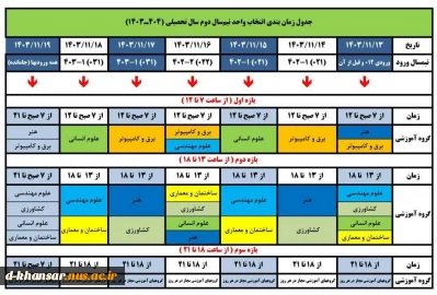 جدول زمانبندی انتخاب واحد نیمسال دوم ۱۴۰۳